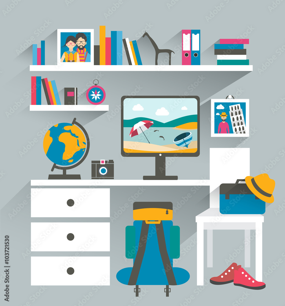 Office workplace with computer and book shelves. Traveller office.Flat design vector illustration. Office workplace with computer and book shelves. Traveller office.Flat design vector illustration.