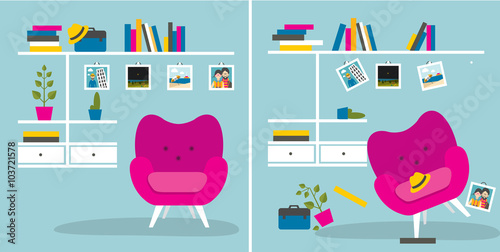 Tidy und untidy room. Living room with armchair and book shelves. Flat design vector illustration.