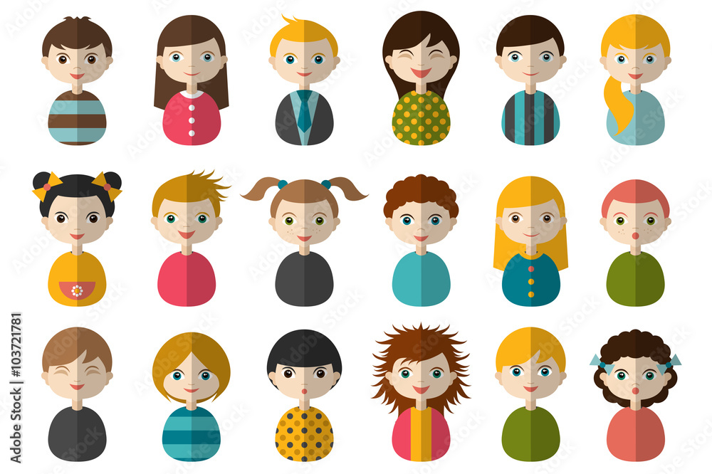 Big set of different avatars of children. Boys and girls on a white background. Minimalistic flat modern icon set portraits. Vector illustration Big set of different avatars of children. Boys and girls on a white background. Minimalistic flat modern icon set portraits. Vector illustration