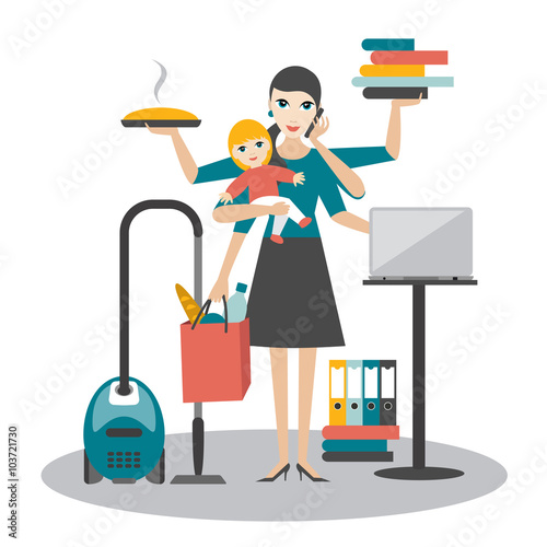 Multitask woman. Mother, businesswoman with baby working, coocking and calling.