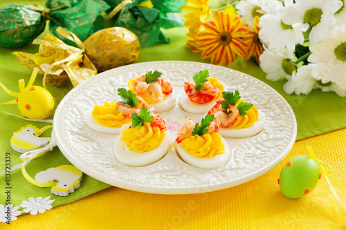 Eggs stuffed with creamy mousse and crayfish.