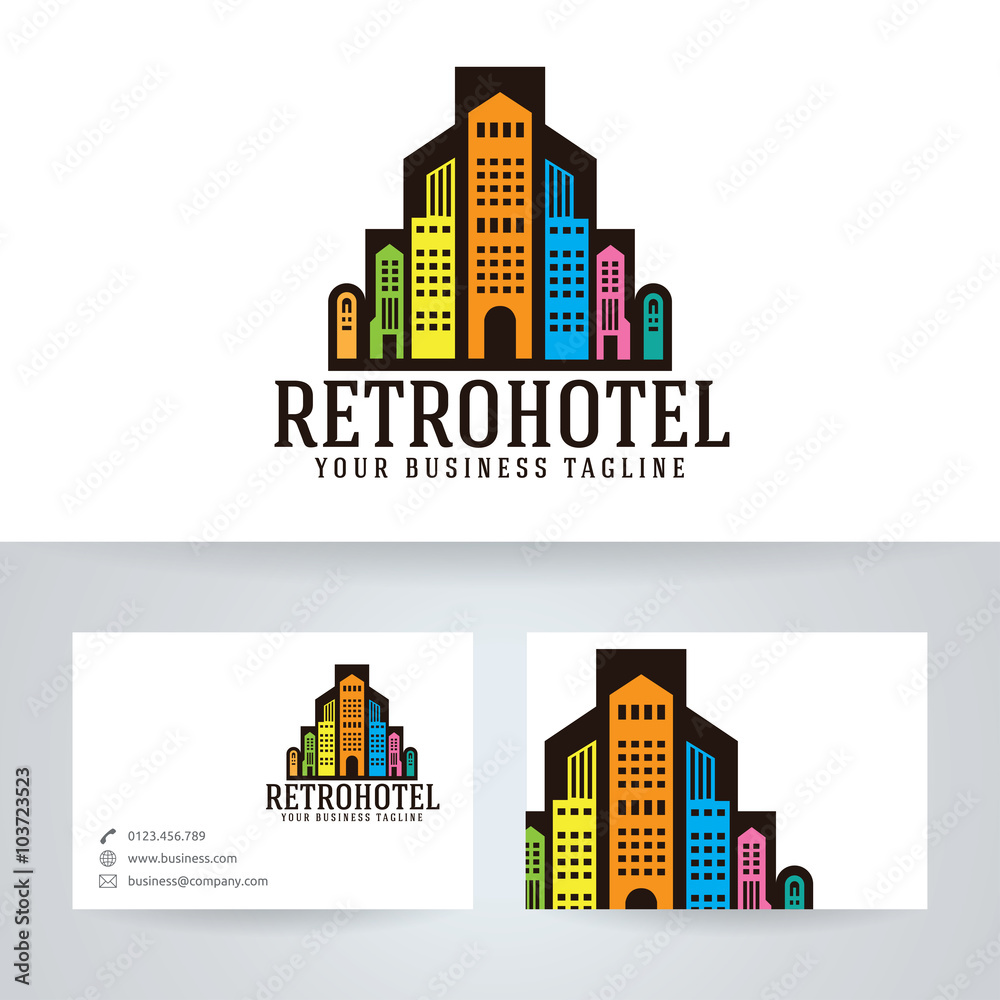Retro hotel vector logo with business card template