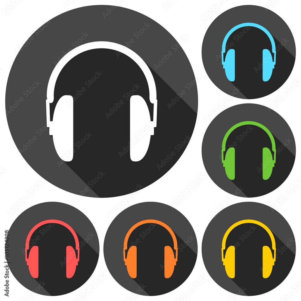 Headphone icons set with long shadow Headphone icons set with long shadow