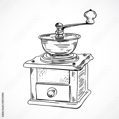 Vintage coffee mill on white background. Sketched outline vector coffee grinder