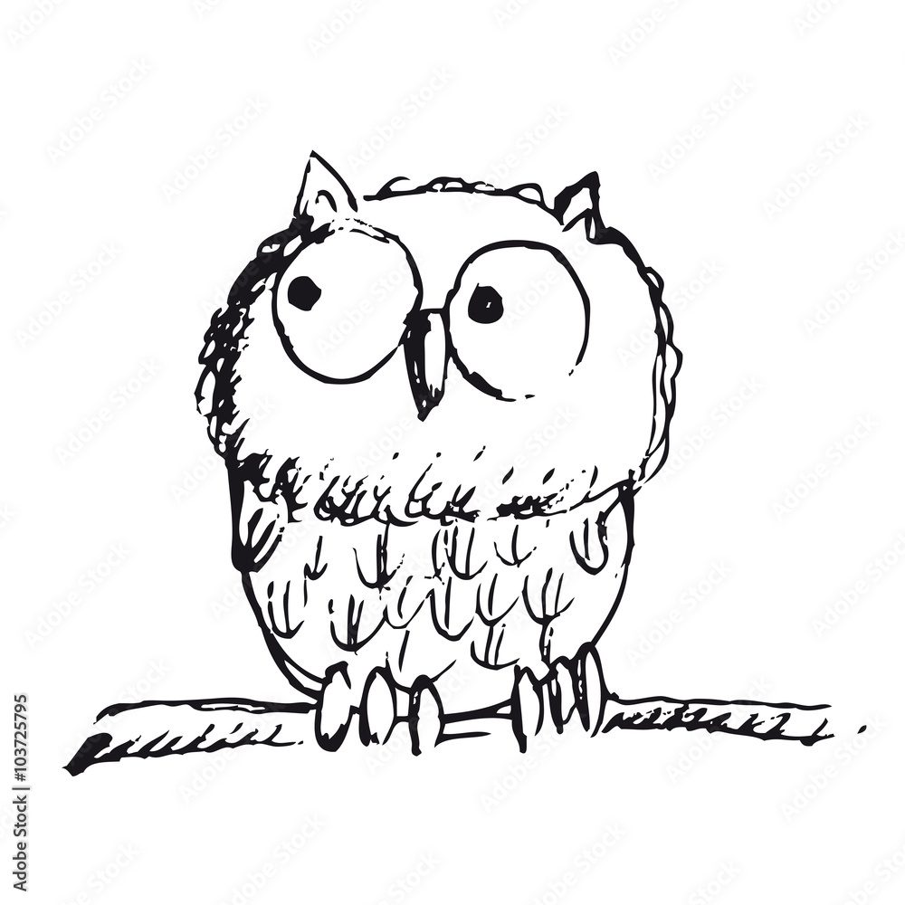 Fototapeta premium Eule auf einem Ast schaut skeptisch in die Gegend - Handzeichung, Tattoo