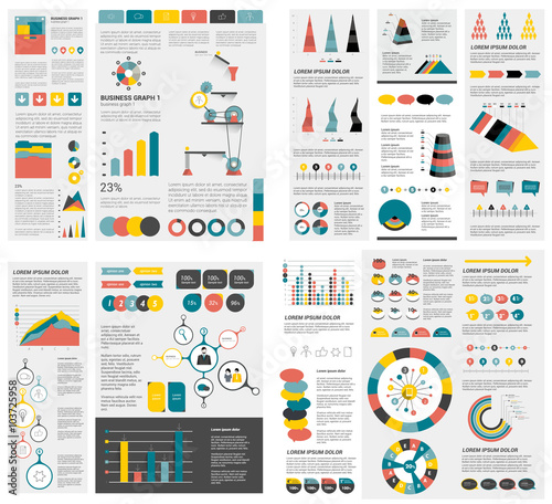 Mega set of infographics elements charts, graphs, circle charts, diagrams, speech bubbles. Flat and 3D design. Vector.