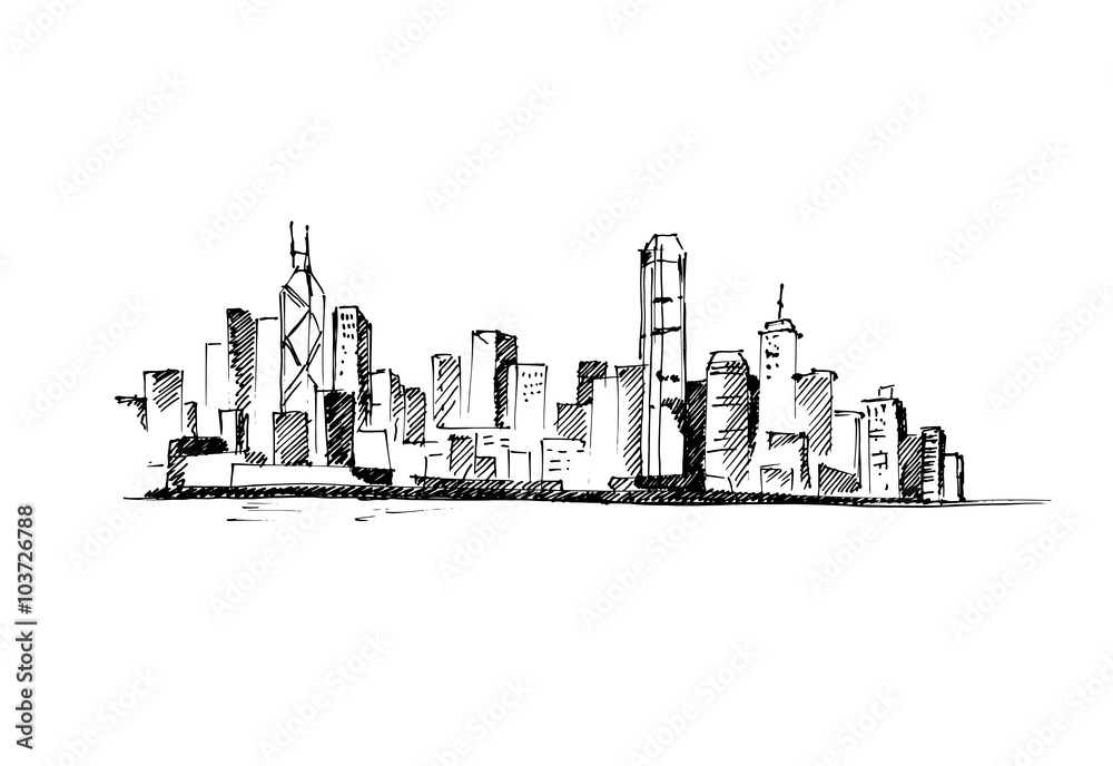 Cityscape hand drawn vector illustration.