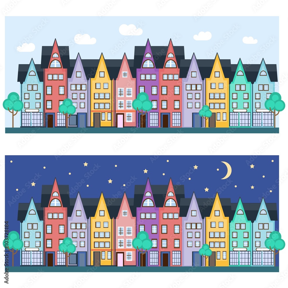 City street with colorful houses.Trees and Road, sky and clouds. European style. Vector illustration. Flat style. Vector flat banner City street with colorful houses.Trees and Road, sky and clouds. European style. Vector illustration. Flat style. Vector flat banner