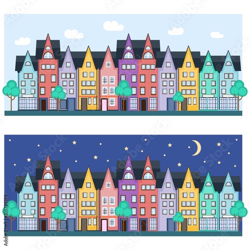 City street with colorful houses.Trees and Road, sky and clouds. European style. Vector illustration. Flat style. Vector flat banner