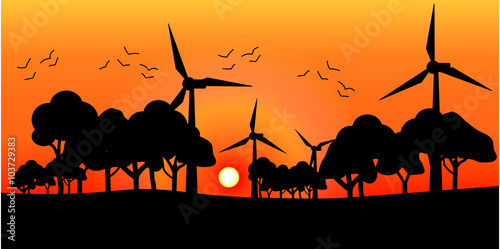 Vector silhouette windmills on the sunset