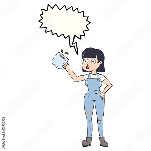 speech bubble cartoon female worker with coffee mug
