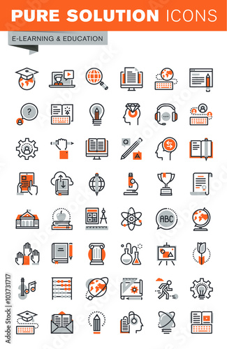 Set of thin line web icons for graphic and web design and development. Icons of e-learning, education, online training and courses, video tutorials, e-book, webinar audio course.