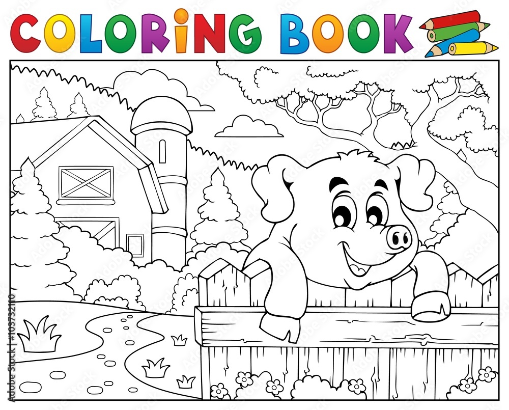 Obraz premium Coloring book pig behind fence near farm