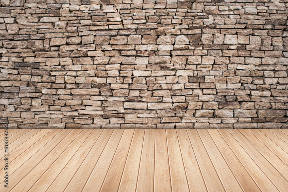 stone wall background with wooden slats floor
