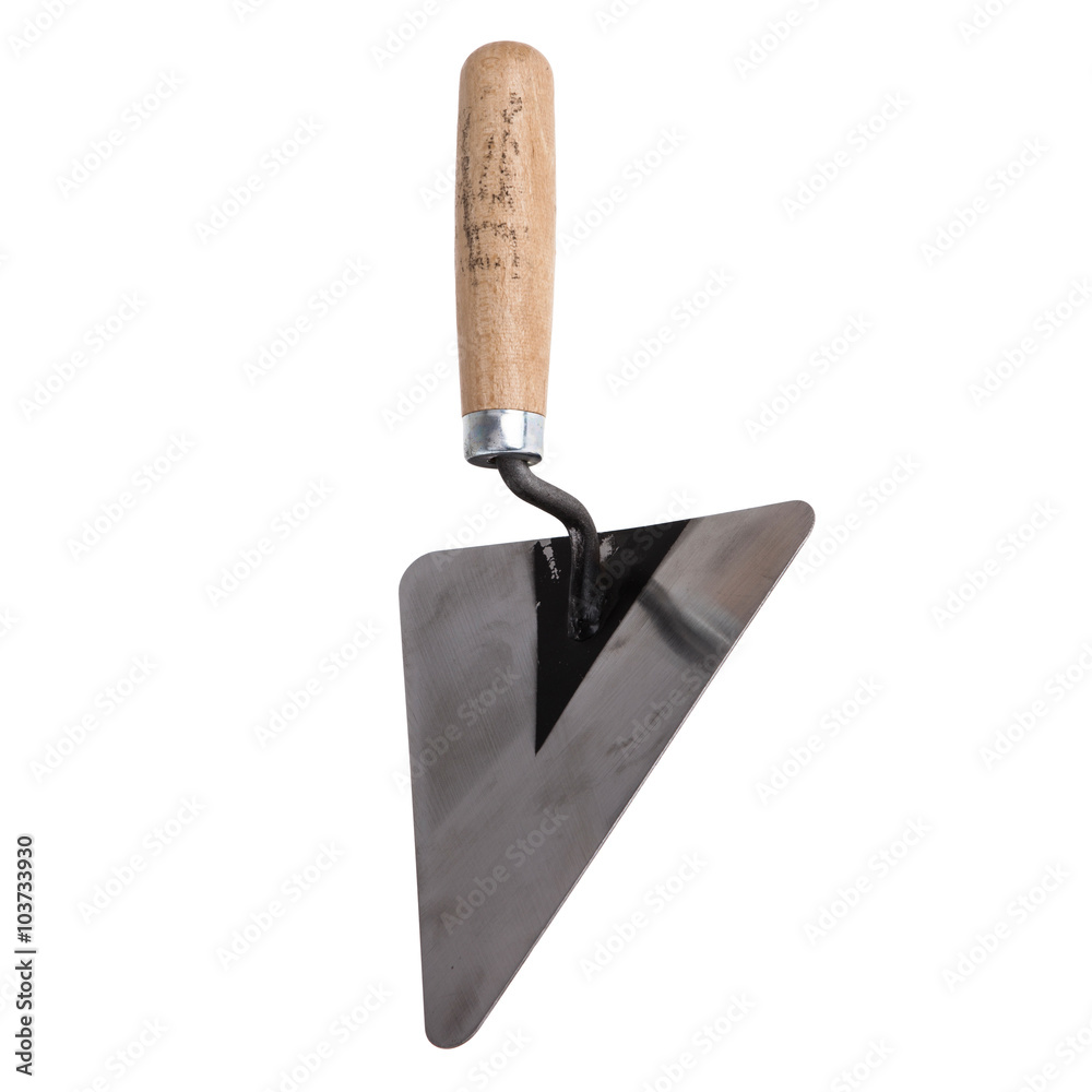 metal trowel with wooden handle isolated on white