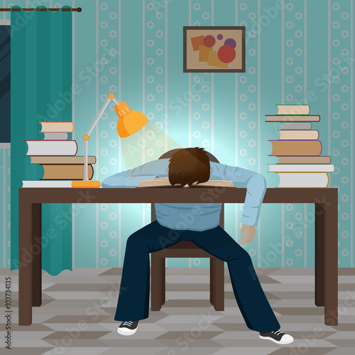 Tired student fall asleep on the book
