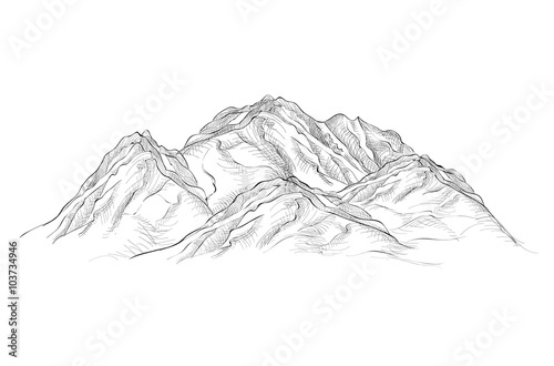 Mountain range. Mountains landscape engraving hand drawn vector sketch illustration.