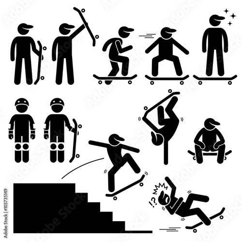 Skateboarder Skating on Skateboard Stick Figure Pictogram Icons