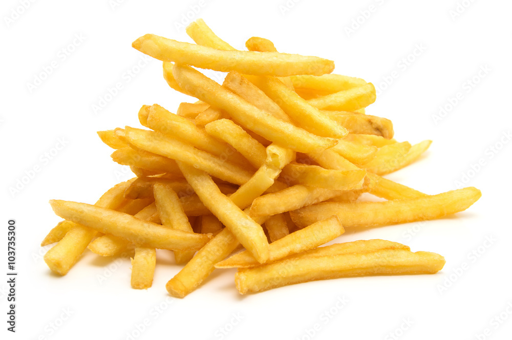 a pile of appetizing french fries on a white background a pile of appetizing french fries on a white background
