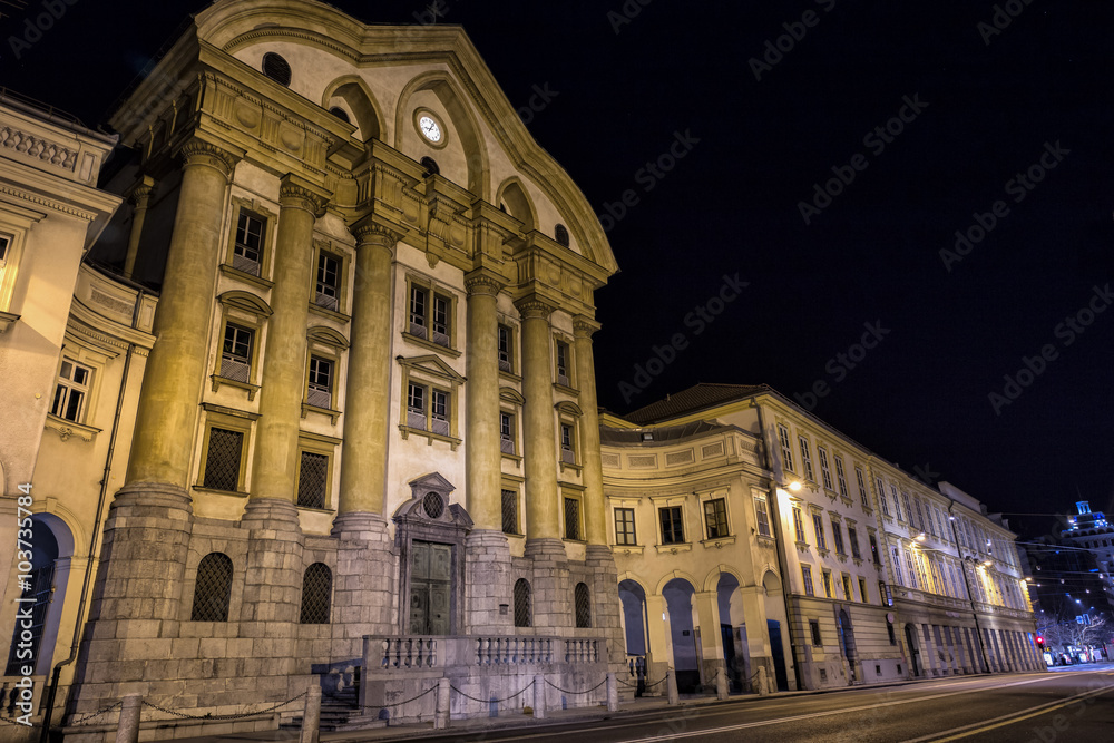 Historic Building at night in Ljubljana Slovenia