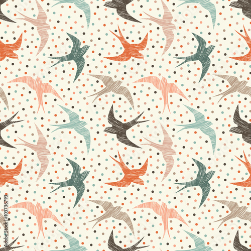 Seamless pattern with swallows and dots