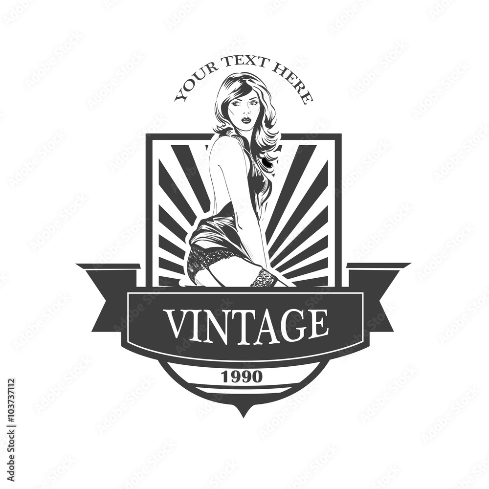Vintage emblem with pin up pretty woman. Vector illustration Stock Vector |  Adobe Stock