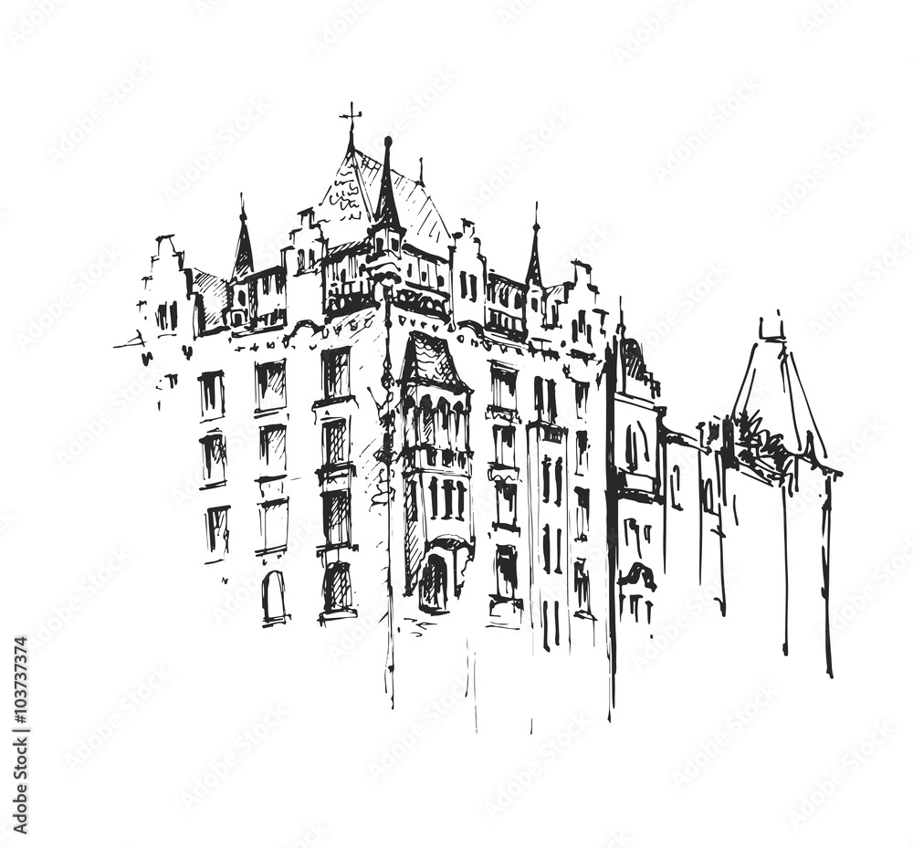 Historical building. Old town european architecture. Sketch hand drawing artistic picture. Vector illustration.