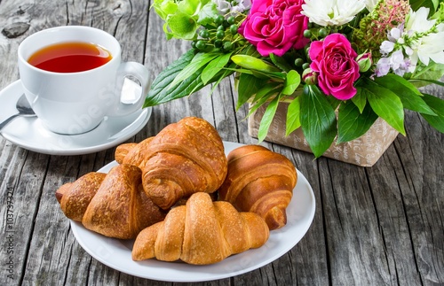 croissants, tea and flowers on an old wooden table