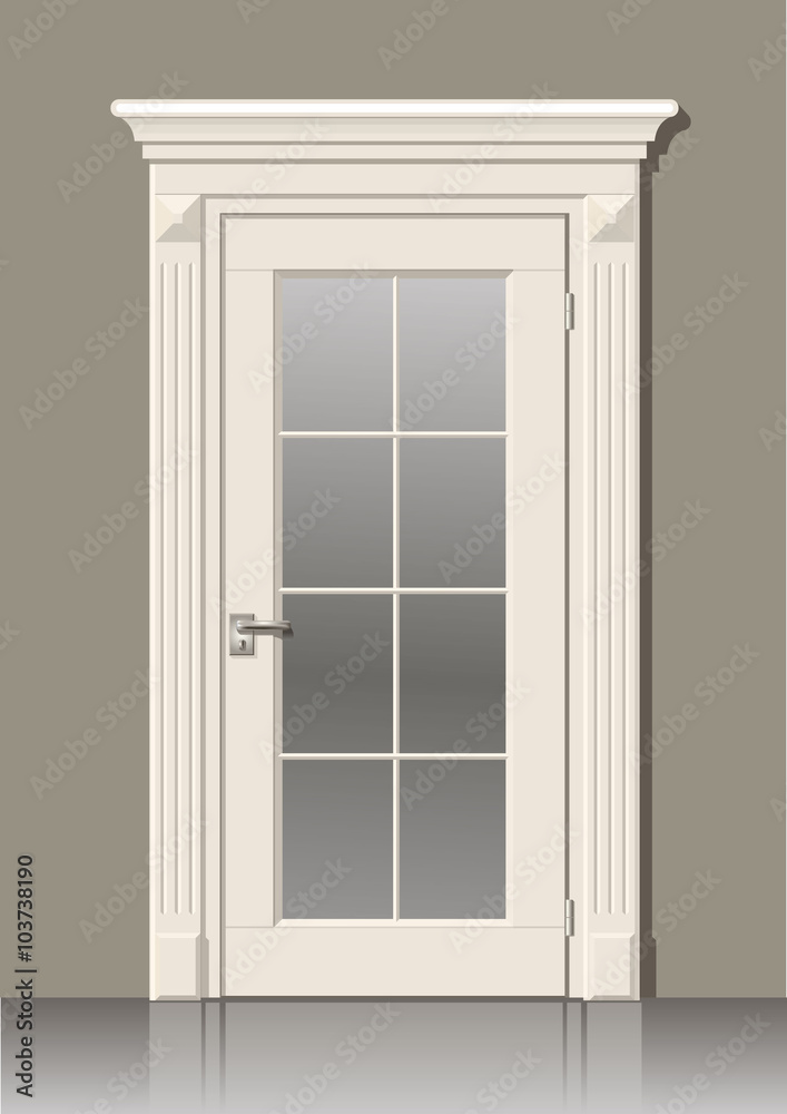 Wooden door in vector graphics on the wall in the interior of the room Wooden door in vector graphics on the wall in the interior of the room