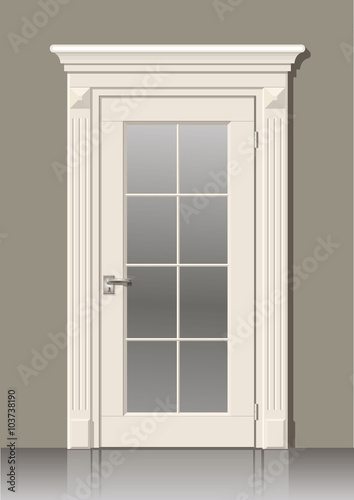 Wooden door in vector graphics on the wall in the interior of the room