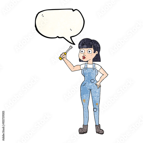 speech bubble textured cartoon female mechanic