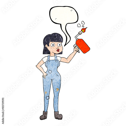 speech bubble textured cartoon woman in dungarees