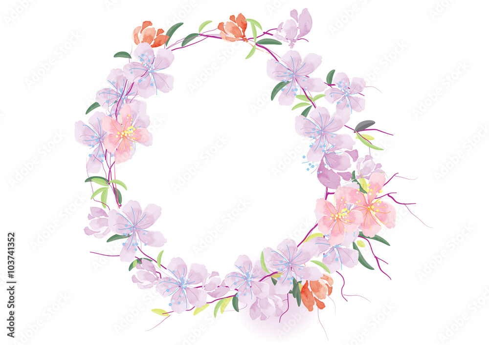 purple flowers with leave border frame vector illustration