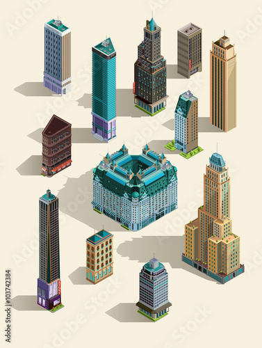 Isometric buildings. Set Isolated icon landmarks. 3d map, home, town skyscraper.Top view. Isolated on white.