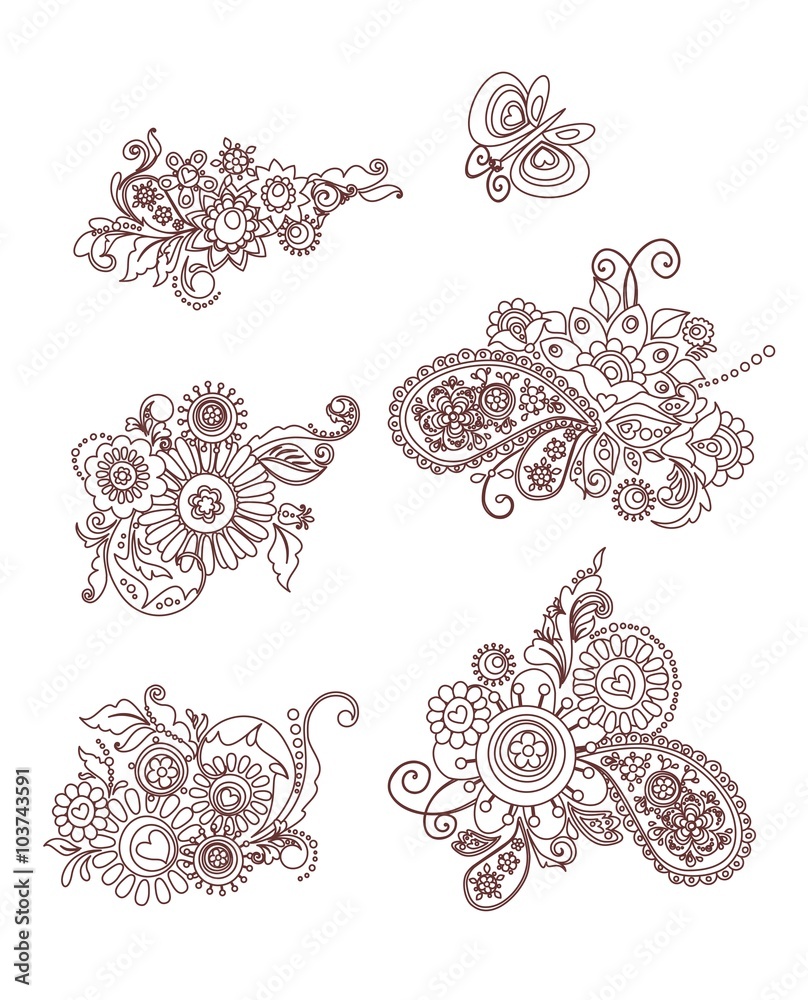 Mehndi design elements with flowers and butterfly