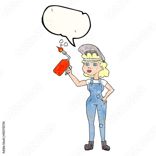 speech bubble textured cartoon woman welding