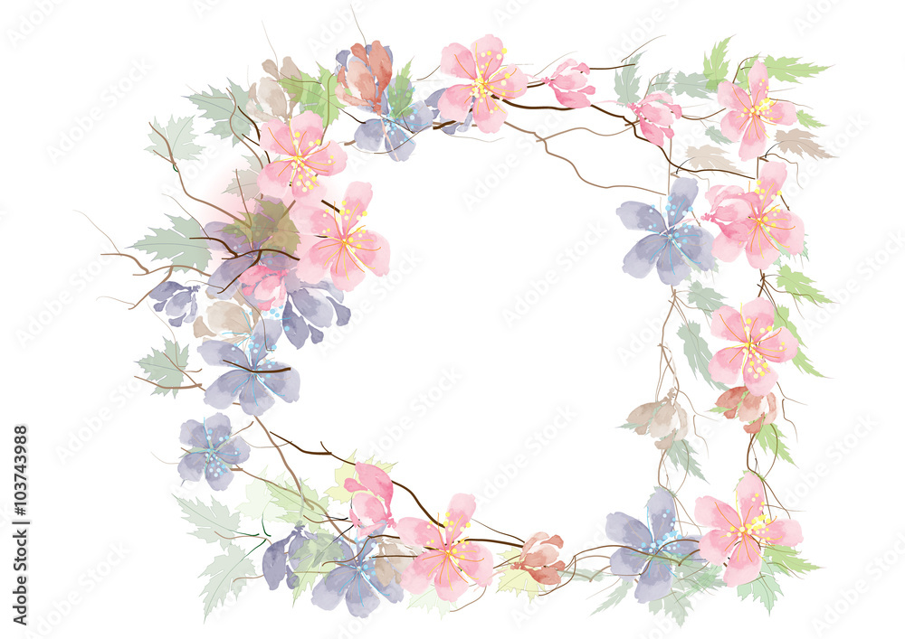 pink and blue flowers with leaves for border frame background,vector illustration