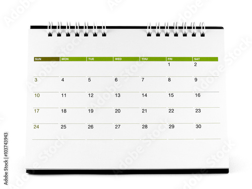 desk spiral calendar with days and dates in April 2016 on white background