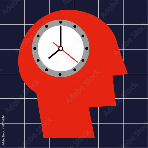 Stylized human head in profile and a ticking clock in the brain area
