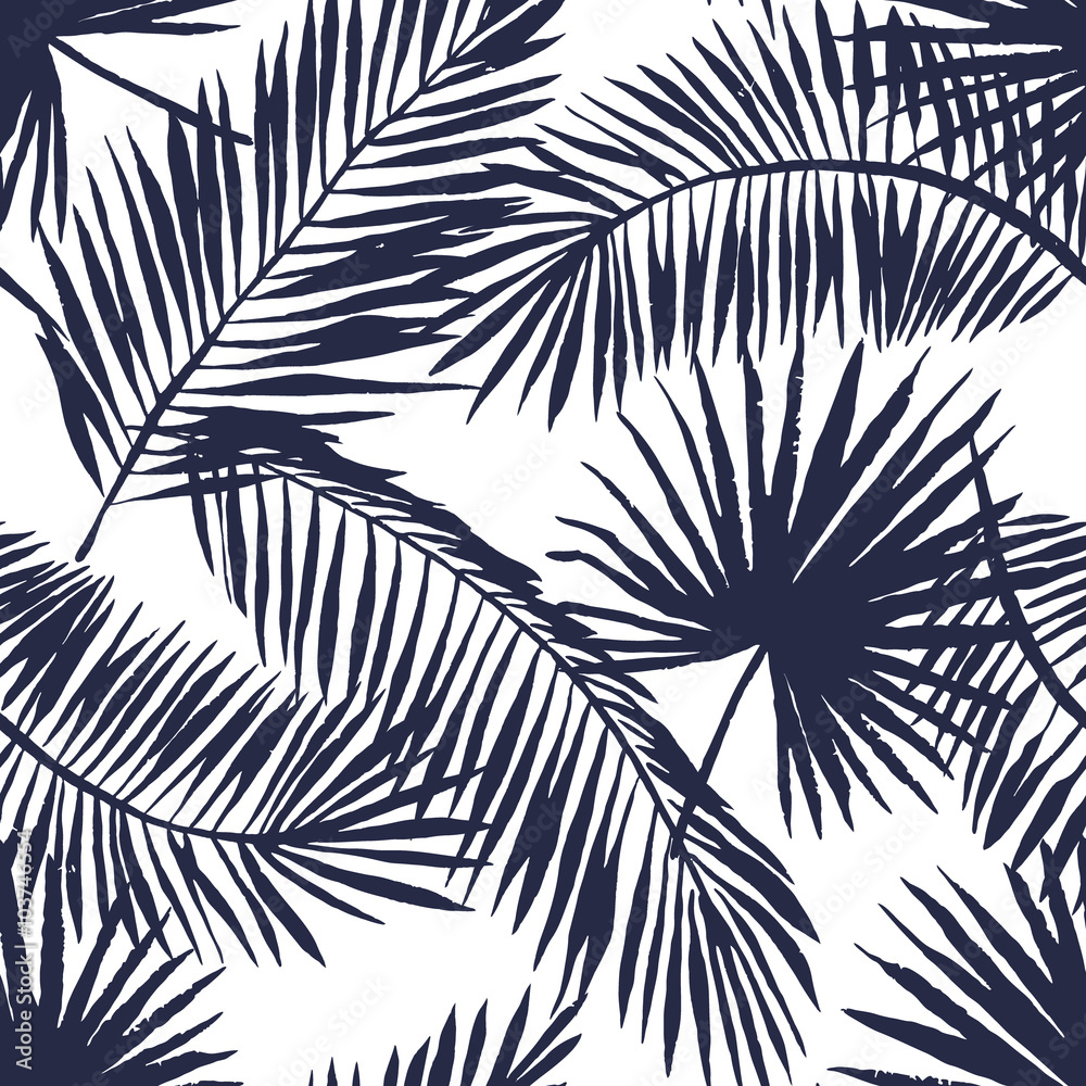 Naklejka premium Palmowe liście sylwetka na białym tle. Wektorowy bezszwowy wzór z tropikalnymi roślinami.