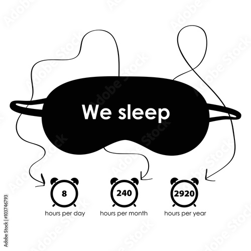 Sleep mask infographics/ Black sleep mask  on a white background with clock for sleeping