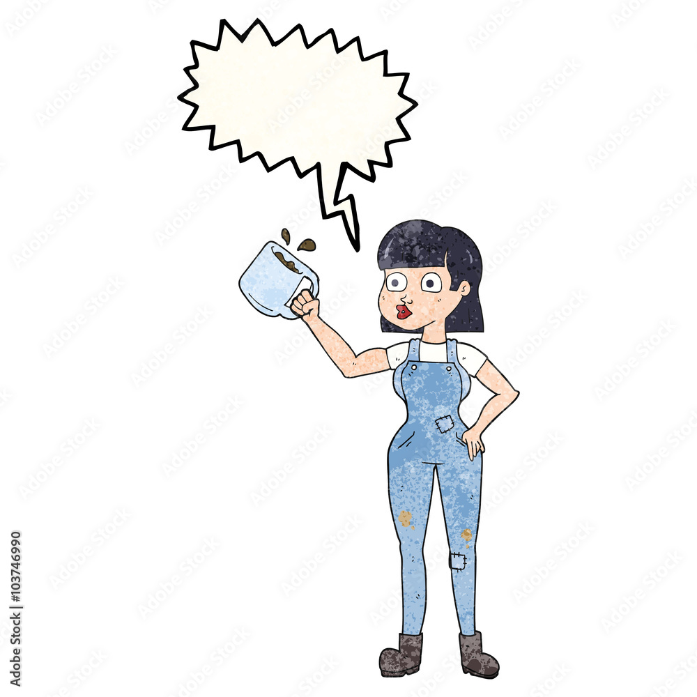 speech bubble textured cartoon female worker with coffee mug