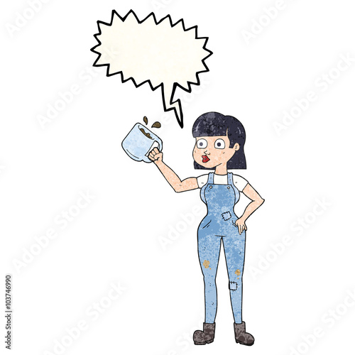 speech bubble textured cartoon female worker with coffee mug