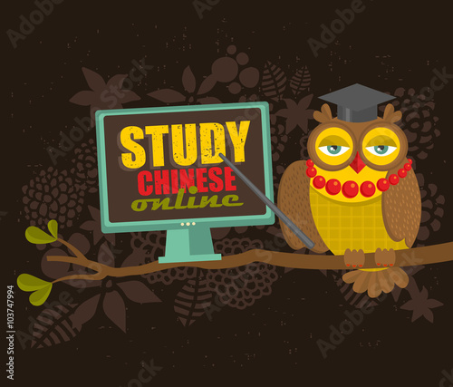 Cute smart owl on the tree promoting on-line course of Chinese.