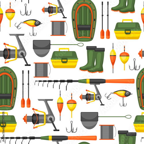 Seamless pattern with fishing supplies. Background made without clipping mask. Easy to use for backdrop, textile, wrapping paper