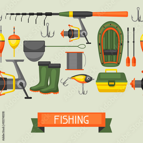 Seamless pattern with fishing supplies. Background made without clipping mask. Easy to use for backdrop, textile, wrapping paper