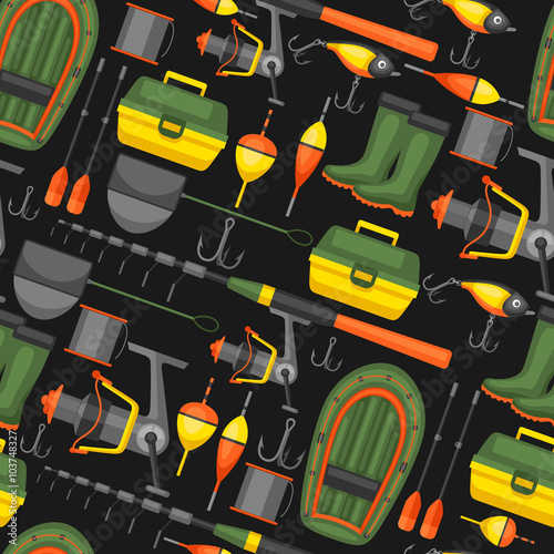 Seamless pattern with fishing supplies. Background made without clipping mask. Easy to use for backdrop, textile, wrapping paper