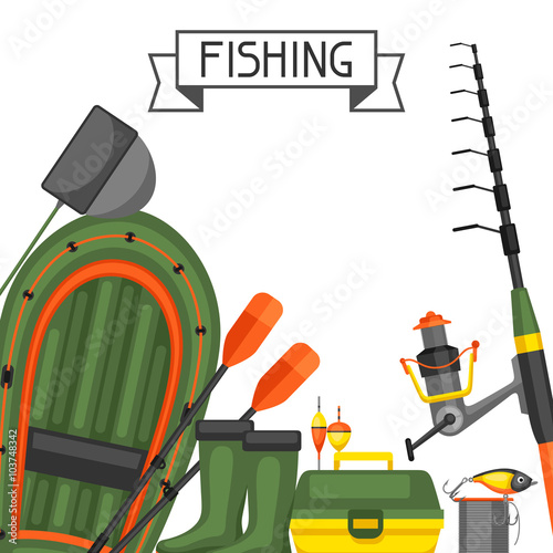 Background with fishing supplies. Design for flayers, covers, brochures and advertising booklets