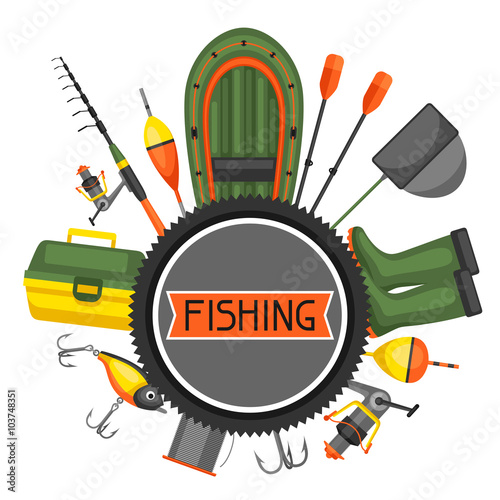 Background with fishing supplies. Design for flayers, covers, brochures and advertising booklets