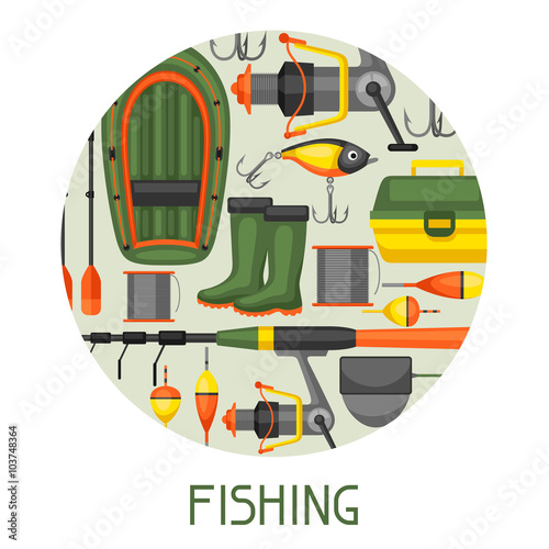 Background with fishing supplies. Design for flayers, covers, brochures and advertising booklets